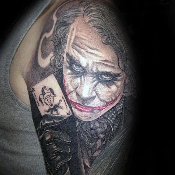 Half Sleeve Joker With Playing Card Tattoos For Guys