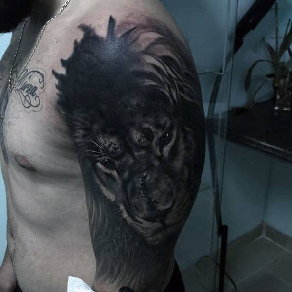 Half Sleeve Lion Mens Animal Tattoo Design Inspiration
