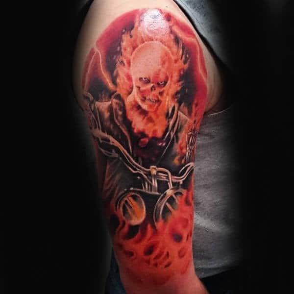 Half Sleeve Male Biker Flaming Motorcycle Tattoo Ideas
