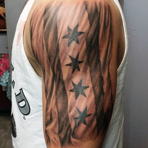 Half Sleeve Male Chicago Flag Tattoo With Shaded Ink Design