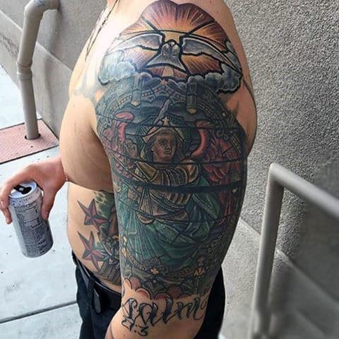 Half Sleeve Male Christian Stained Glass Tattoo