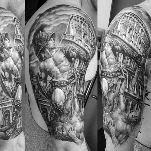 Half Sleeve Male Cool Roman Statue Tattoo Ideas