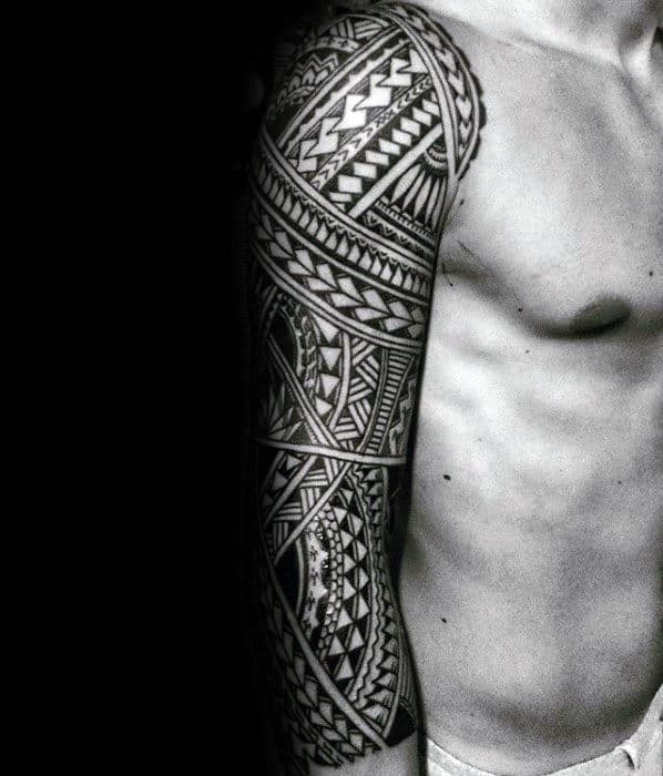 Half Sleeve Male Detailed Sick Polynesian Tribal Tattoo