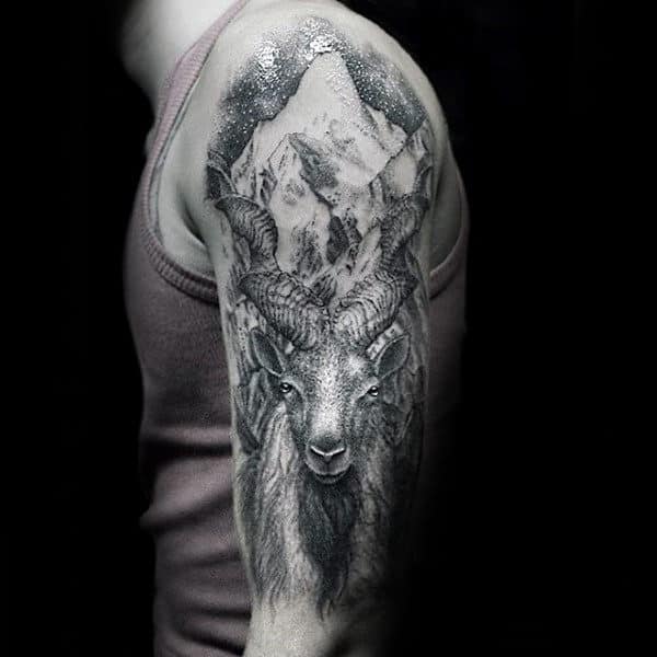 Half Sleeve Male Goat Mountain Shaded Tattoo Designs