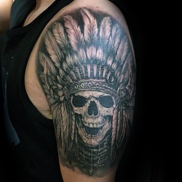 Half Sleeve Male Indian Skull Tattoo Inspiration