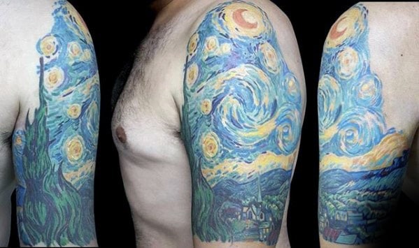Half Sleeve Male Vincent Van Gogh Painting Tattoo Design Ideas