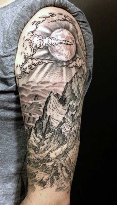 Half Sleeve Man With Mountain View Tattoo