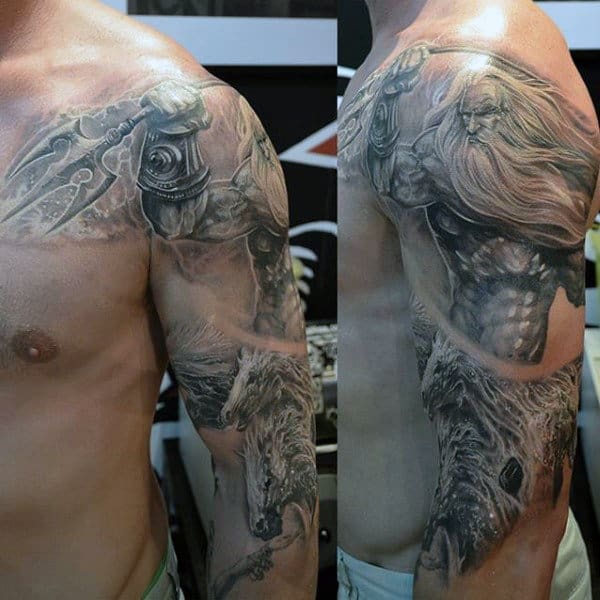 Half Sleeve Man With Tattoo Of Poseidon Weapon