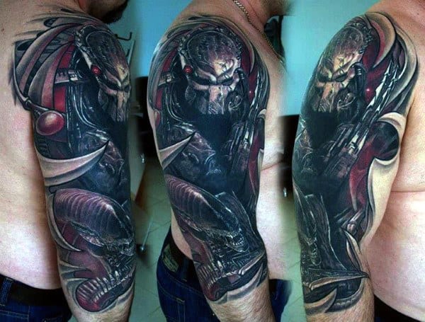Half Sleeve Manly Guys Alien Vs Predator Tattoos