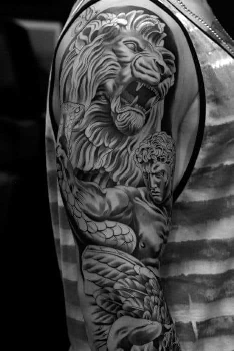 Half Sleeve Manly Lion Statue Tattoo Design Ideas For Men