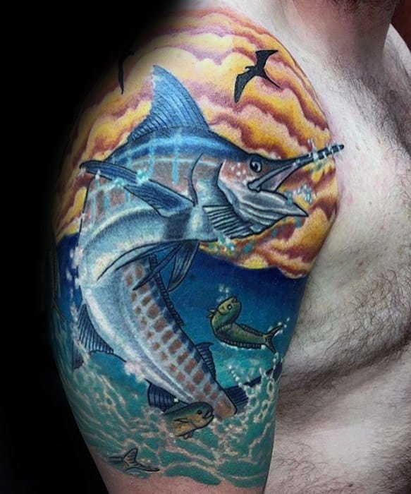 Half Sleeve Marlin Tattoo On Men