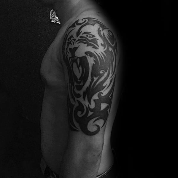 Half Sleeve Masculine Tribal Tiger Tattoo On Gentleman