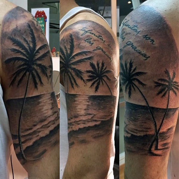 Half Sleeve Mens Beach Tattoo In Black Ink