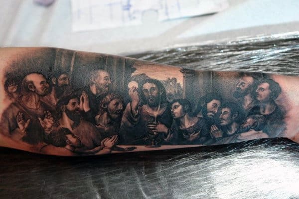 Half Sleeve Mens Black Ink Shaded Last Supper Tattoo