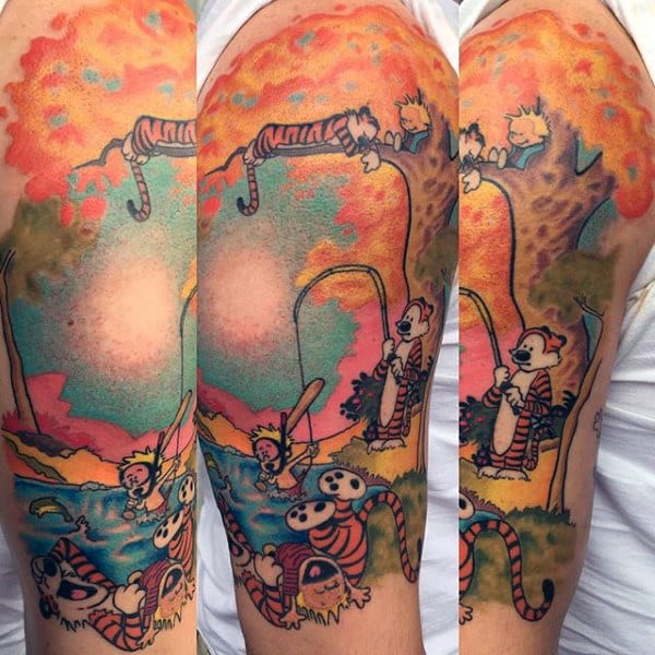 Half Sleeve Mens Calvin And Hobbes Themed Tattoos