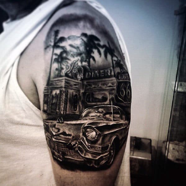 Half Sleeve Mens Classic Cadillac Car Diner Tattoo Design