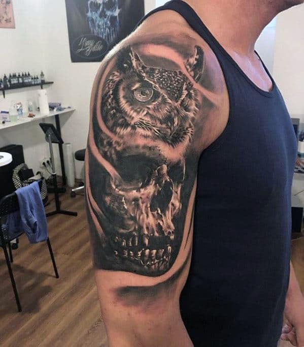 Half Sleeve Mens Cool Owl Skull Tattoo Ideas