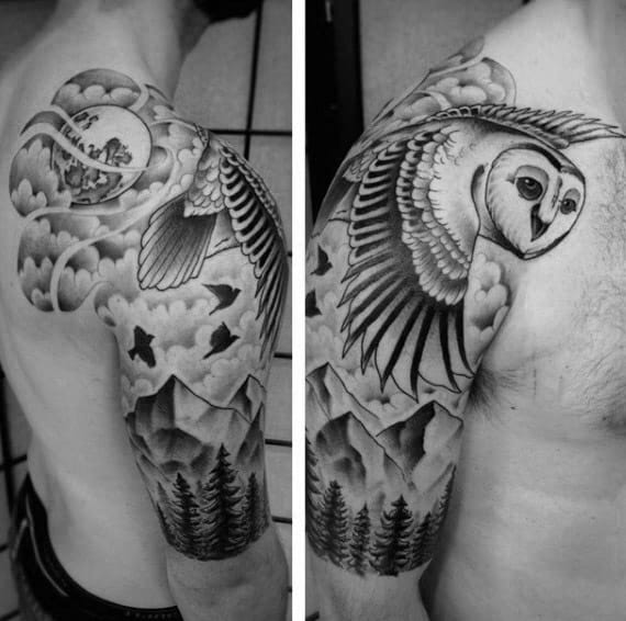 Half Sleeve Mens Flying Barn Owl Over Mountains Tattoo