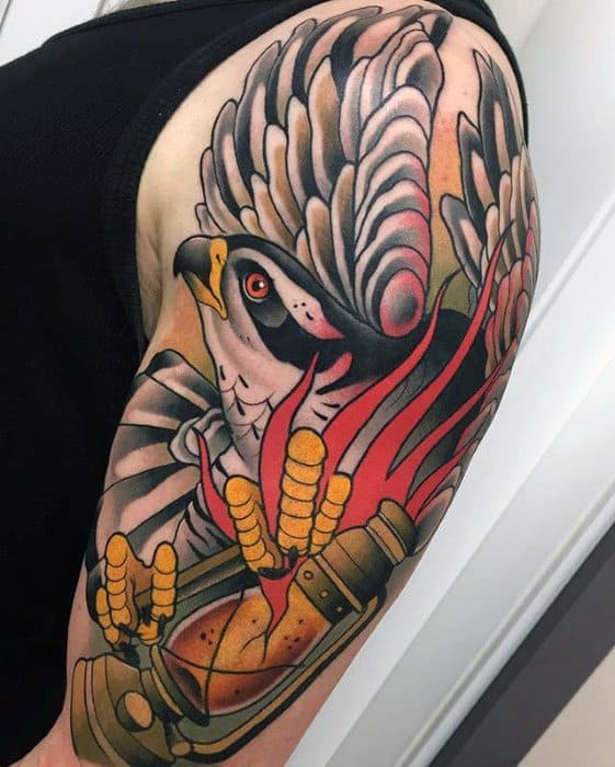 Half Sleeve Mens Flying Bird Lantern Tattoo Design Ideas