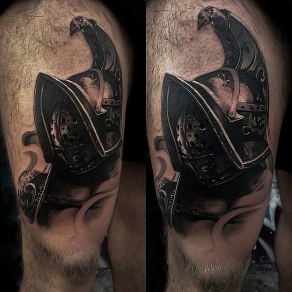 Tattoo of a detailed medieval helmet with intricate designs, reminiscent of a gladiator's armor, on a person's upper leg