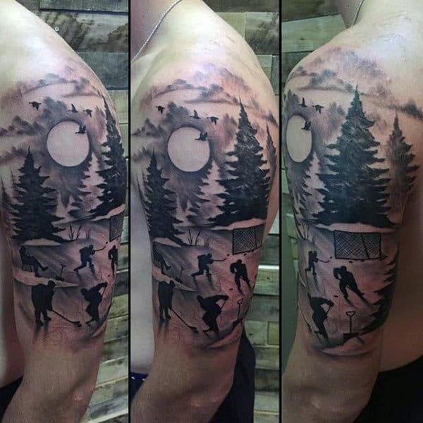 Half Sleeve Mens Hockey Scene Tattoo Design