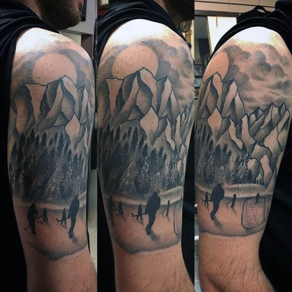 Half Sleeve Mens Nature Scene Hockey Players Tattoo