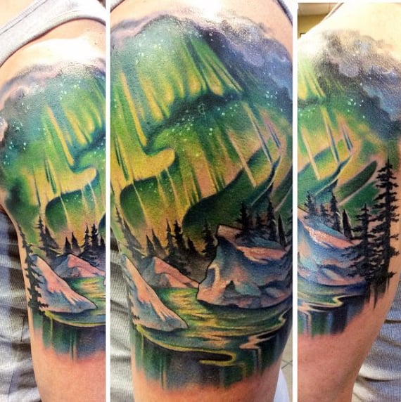 Half Sleeve Mens Northern Lights Tattoo Design Ideas