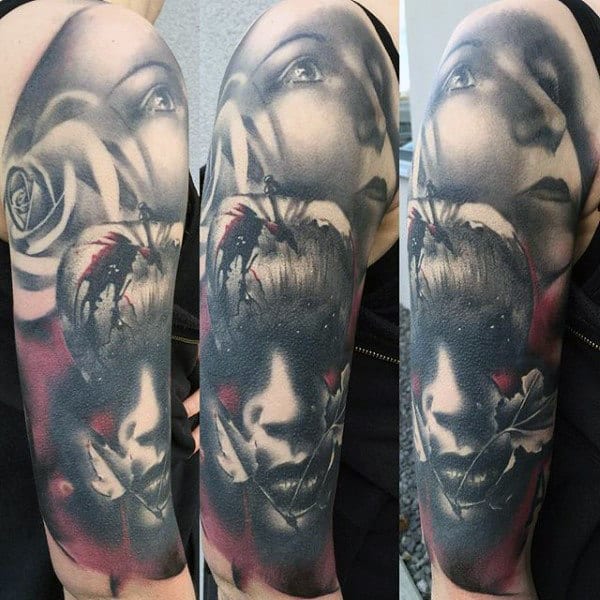 Half Sleeve Mens Portrait Apple Tattoos