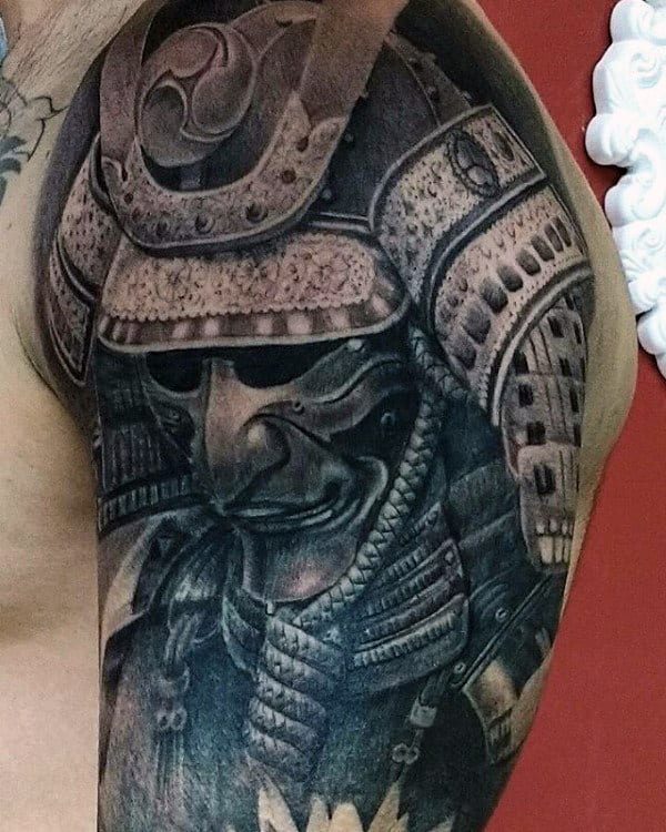 Half Sleeve Mens Realistic Samurai Helmet Tattoo Ideas