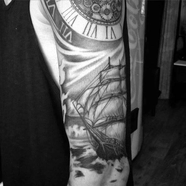 Half Sleeve Mens Sailboat Tattoo With Roman Numeral Clock
