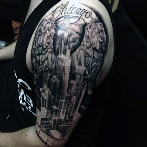 Half Sleeve Mens Skyscraper Chicago Skyline Tattoo