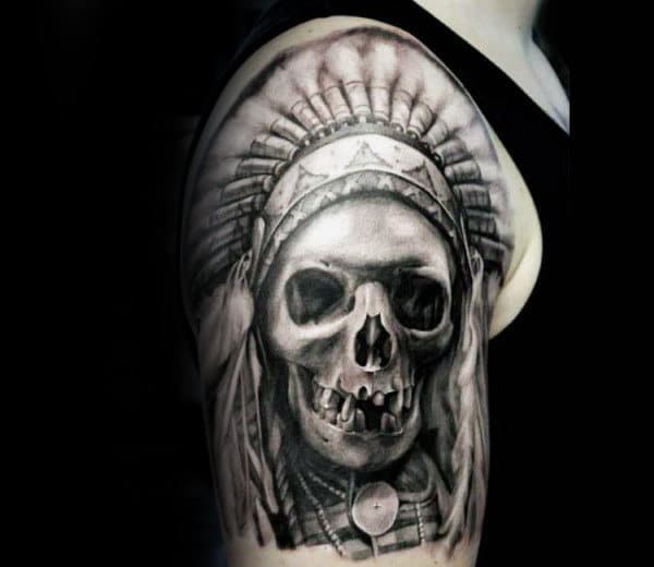 Half Sleeve Mens Tattoo Of Indian Skull On Upper Arms