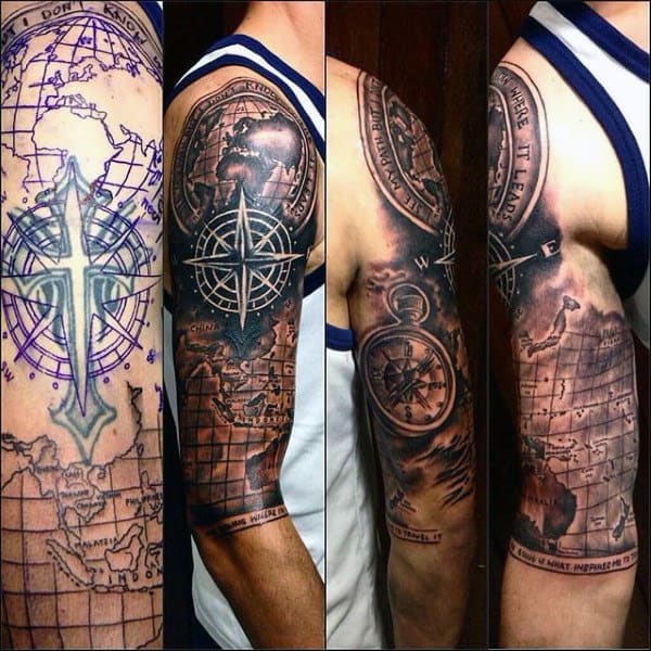 Half Sleeve Mens World Map Tattoo Cover Up