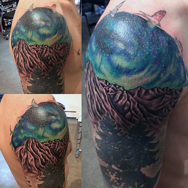 Half Sleeve Mountains Northern Lights Night Sky Tattoo On Man