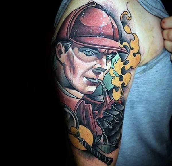 Tattoo of Sherlock Holmes with a pipe, wearing a deerstalker hat, on an arm