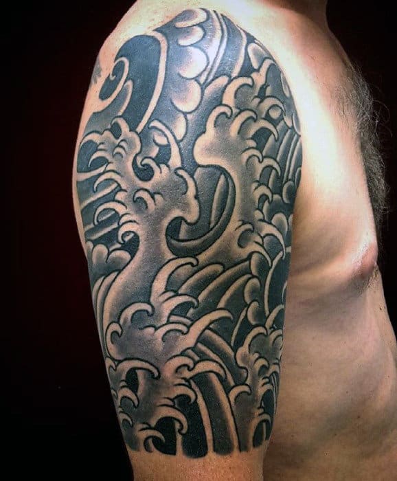 Half Sleeve Old School Mens Traditional Japanese Wave Tattoo
