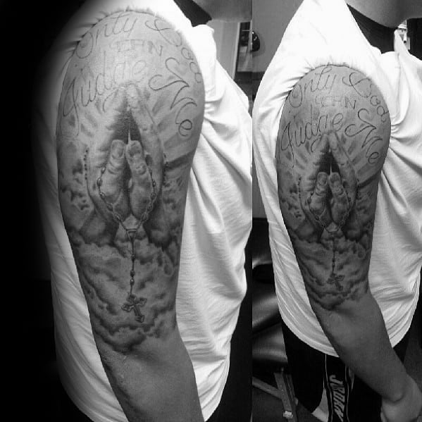 half sleeve only god can judge me mens tattoo ideas
