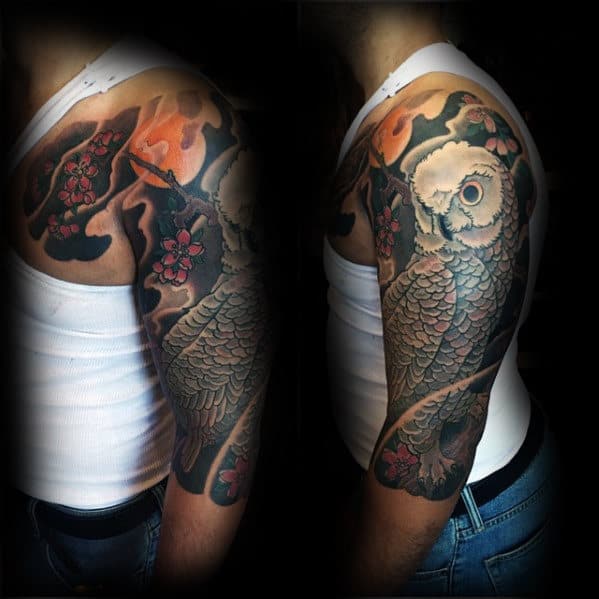 Half Sleeve Owl Tattoo On Gentleman