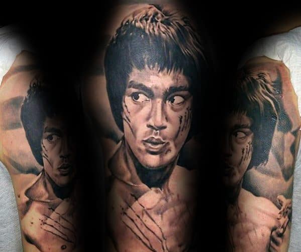 Half Sleeve Portrait Of Bruce Lee Tattoo Ideas On Guys