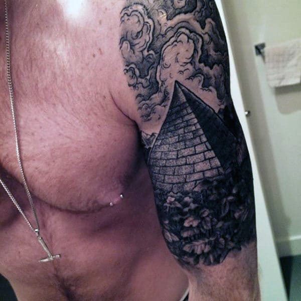 Half Sleeve Pyramid With Clouds Shaded Male Tattoo