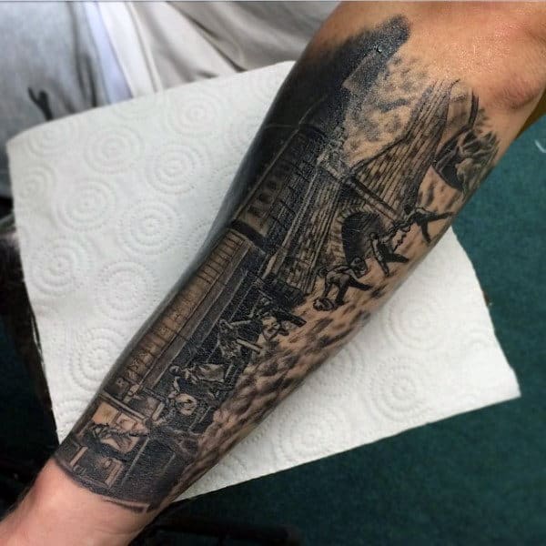 Half Sleeve Railroads Train Tattoos For Males