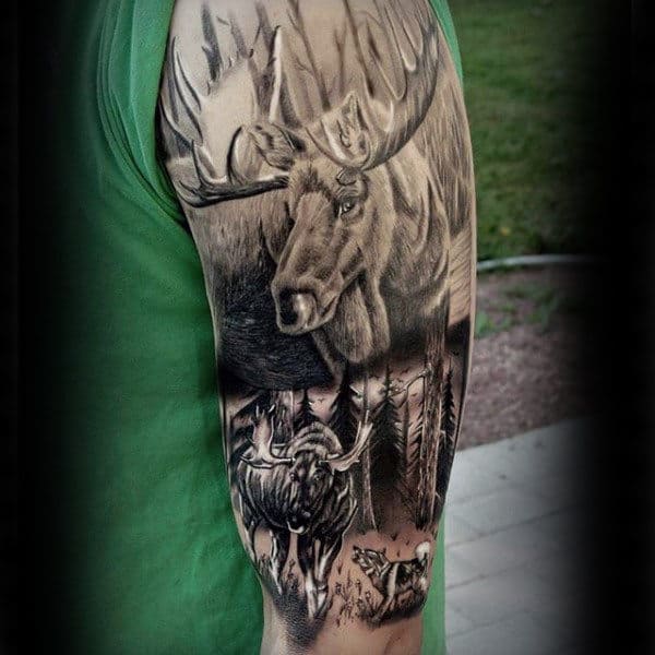 Half Sleeve Realistic Moose Nature Tattoos For Men