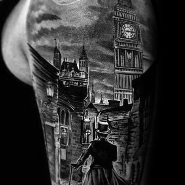 Black and white tattoo of a Victorian street scene with Big Ben and Sherlock Holmes in a top hat walking