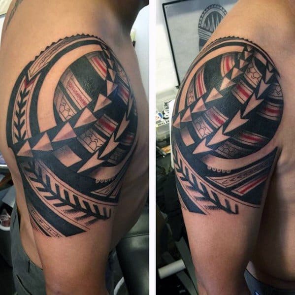 Half Sleeve Red And Black Ink Badass Tribal Male Tattoos