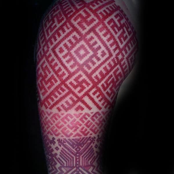 Half Sleeve Red Ink Patterned Tattoos Men