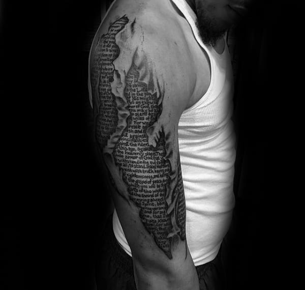 Half Sleeve Ripped Skin Tattoos Of Scriptures On Guys With 3d Design
