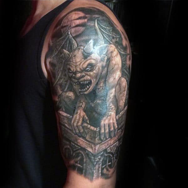 Half Sleeve Roof Gargoyle Mens Tattoo