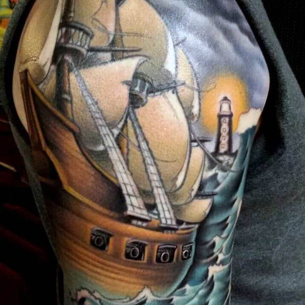 Half Sleeve Sailboat Tattoo For Men In Color