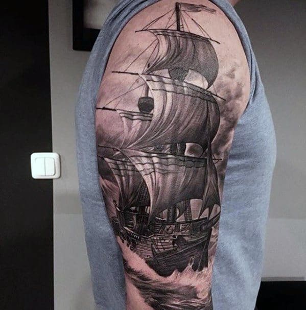 Half Sleeve Sailing Ship Rad Tattoo Design Ideas For Males
