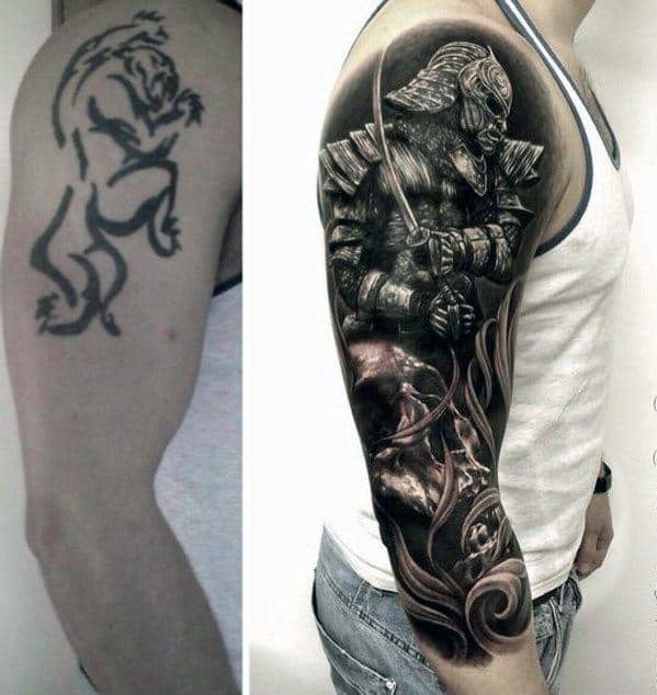Half Sleeve Samuari Warrior Awesome Tattoo Cover Up Ideas For Men